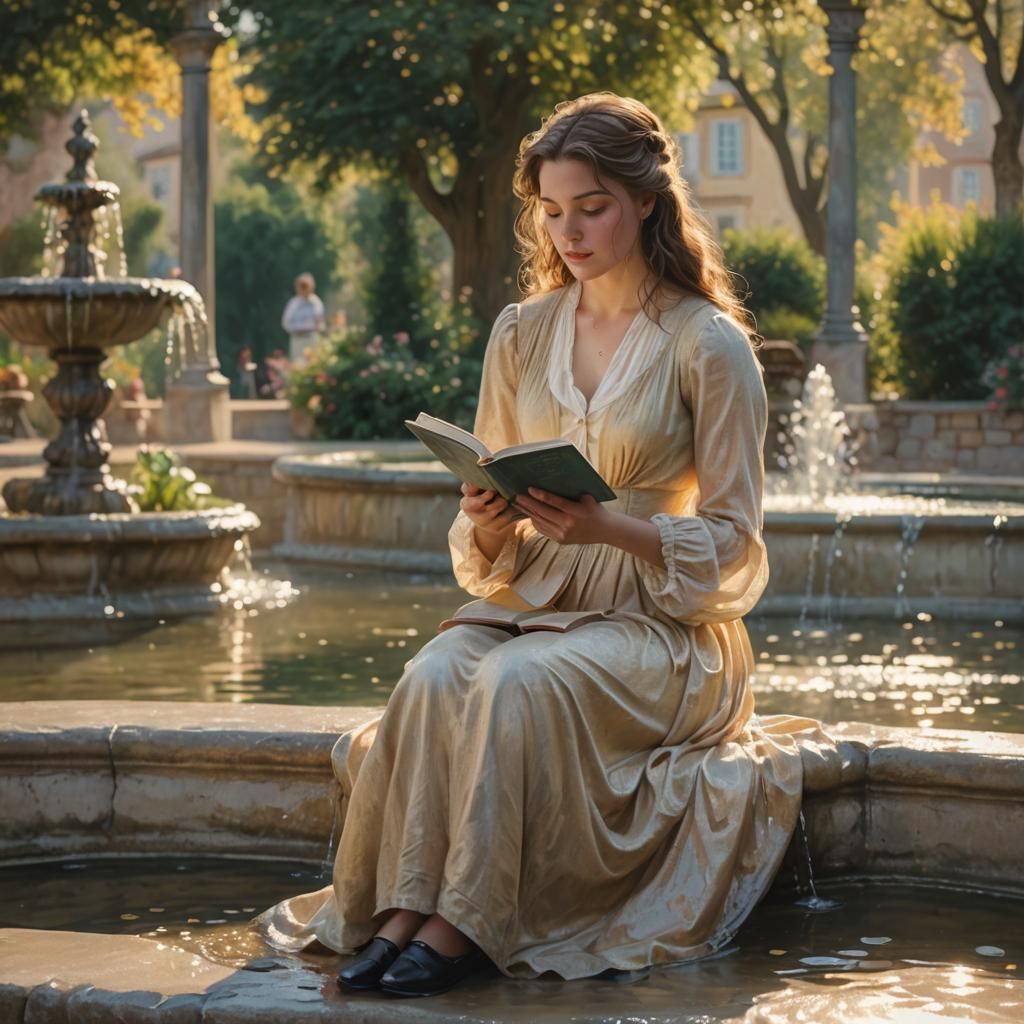 Belle at the Fountain: Impressionistic Romantic Realism