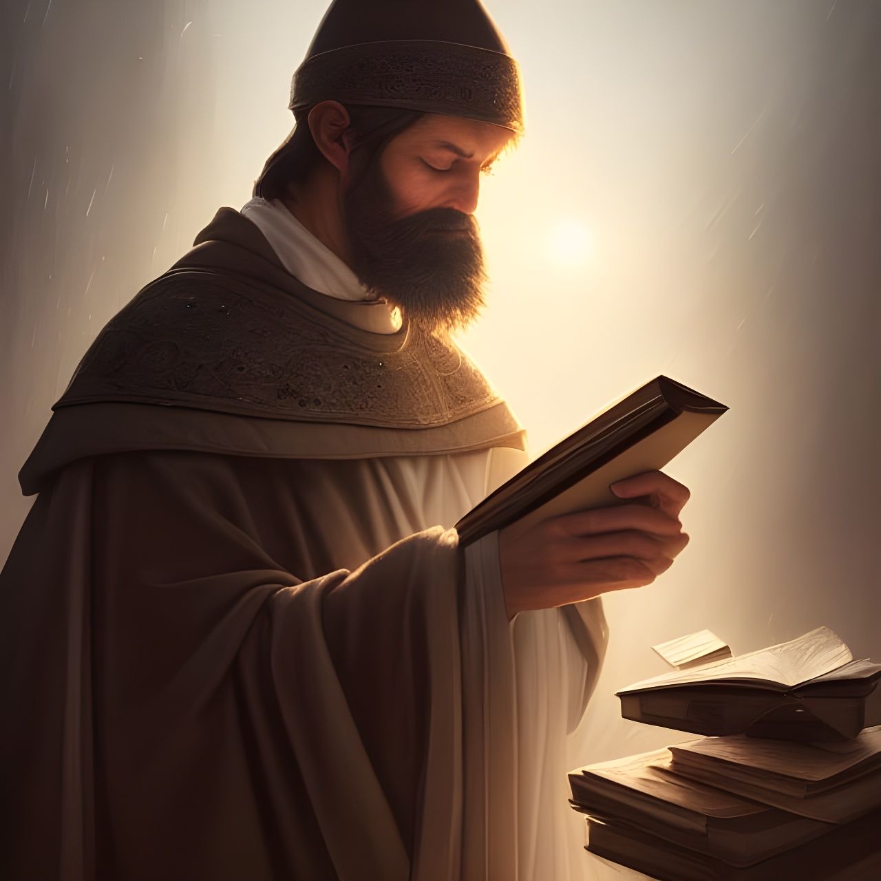 Priest with Book in Medieval City, Digital Art