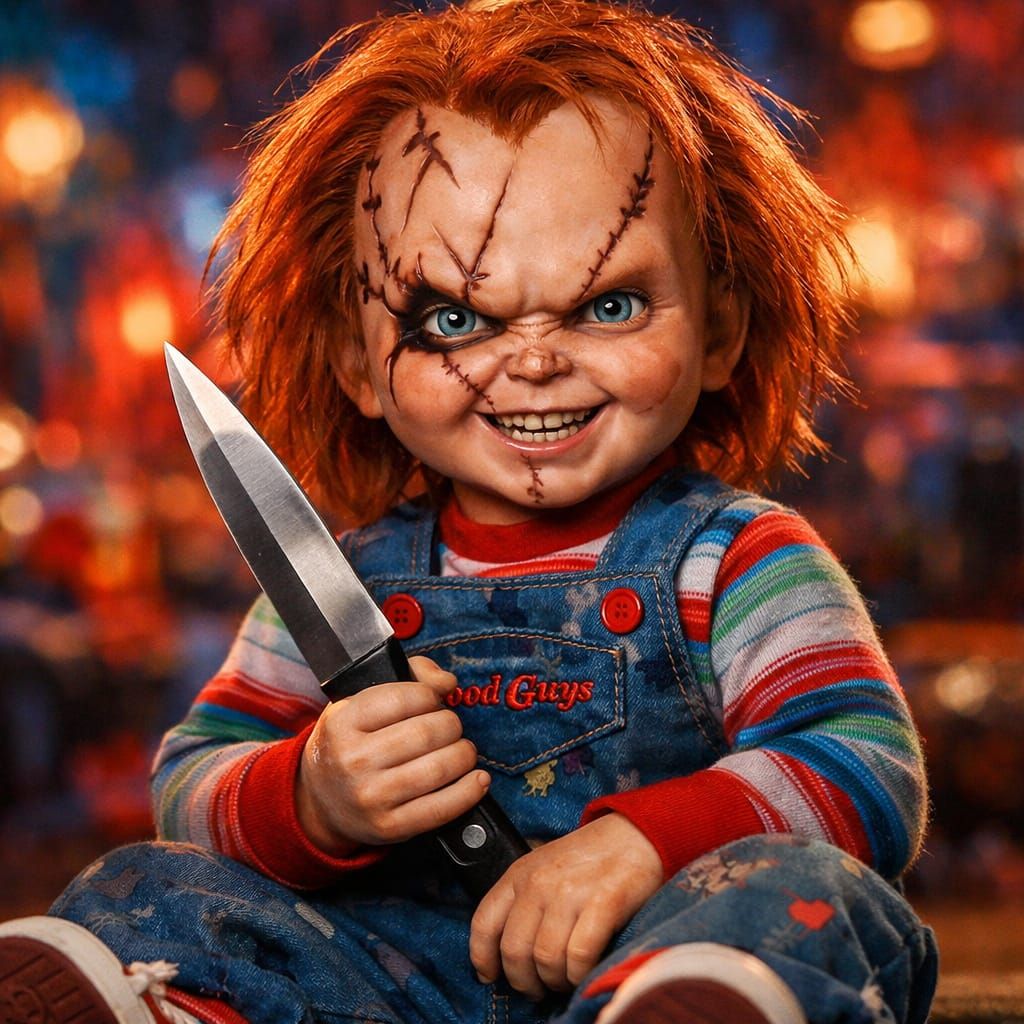 Creepy Chucky Doll Portrait with Knife in High-Definition