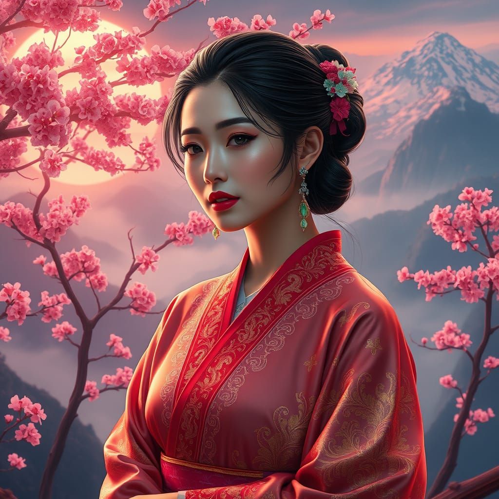 Elegant Asian Woman in Dreamlike Cherry Blossom Landscape