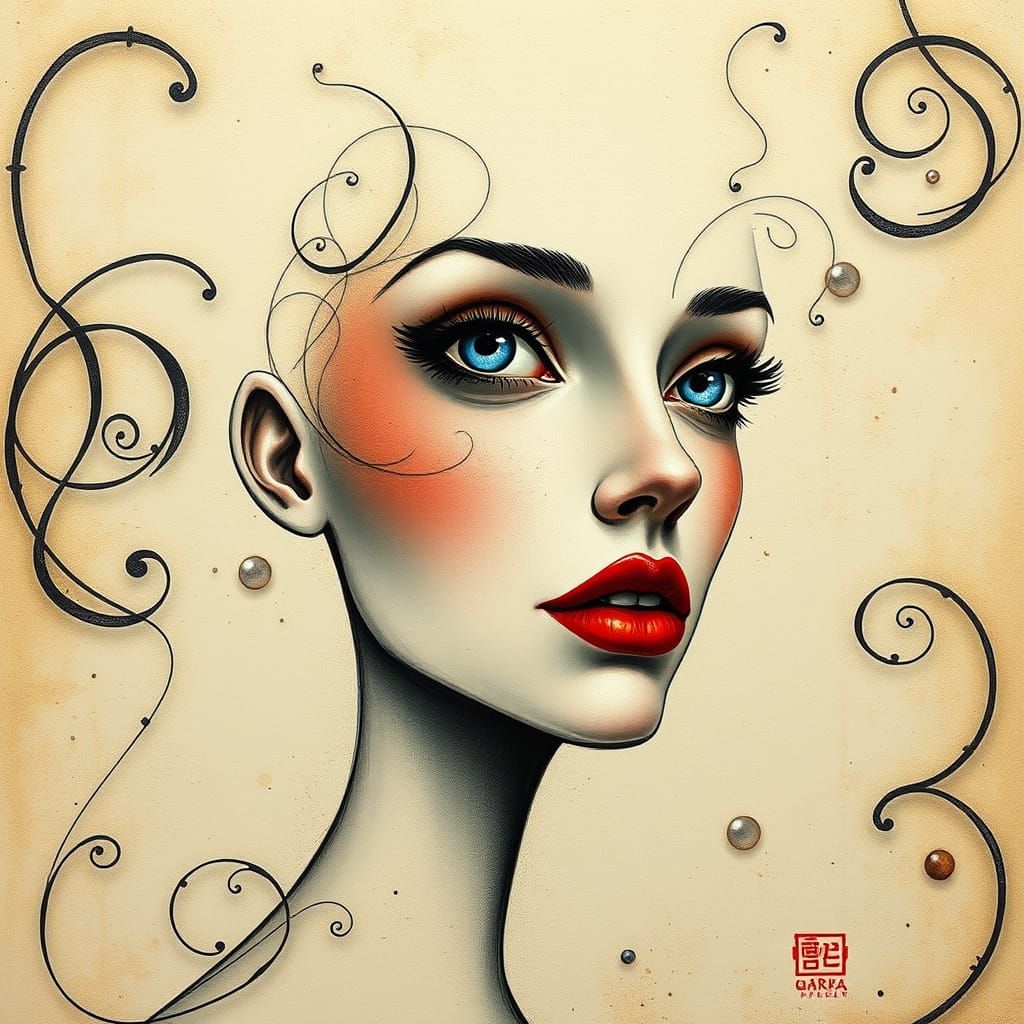 Surreal Portrait with Red Lips and Swirling Patterns