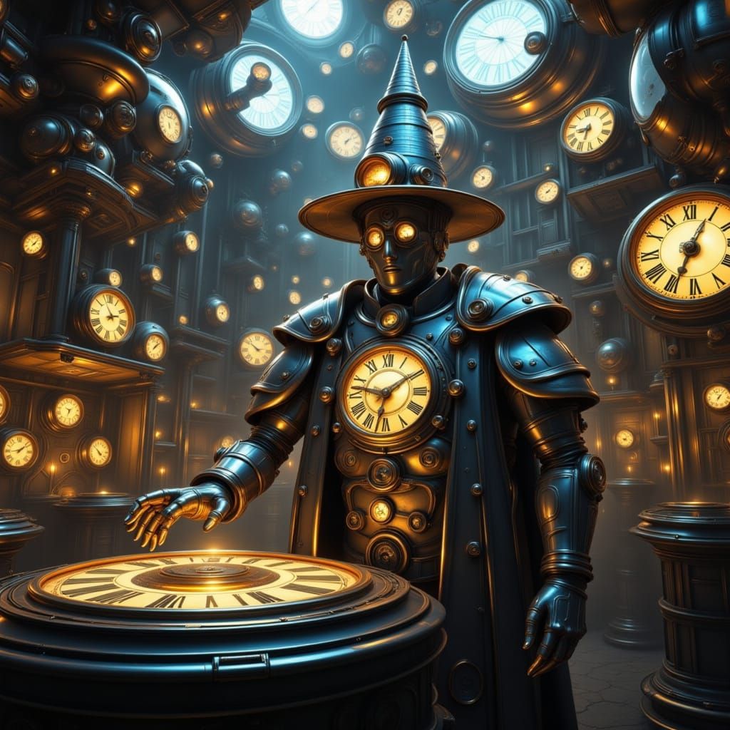 Timekeeper Wizard Conjures Spell Amidst Clockwork Paradise