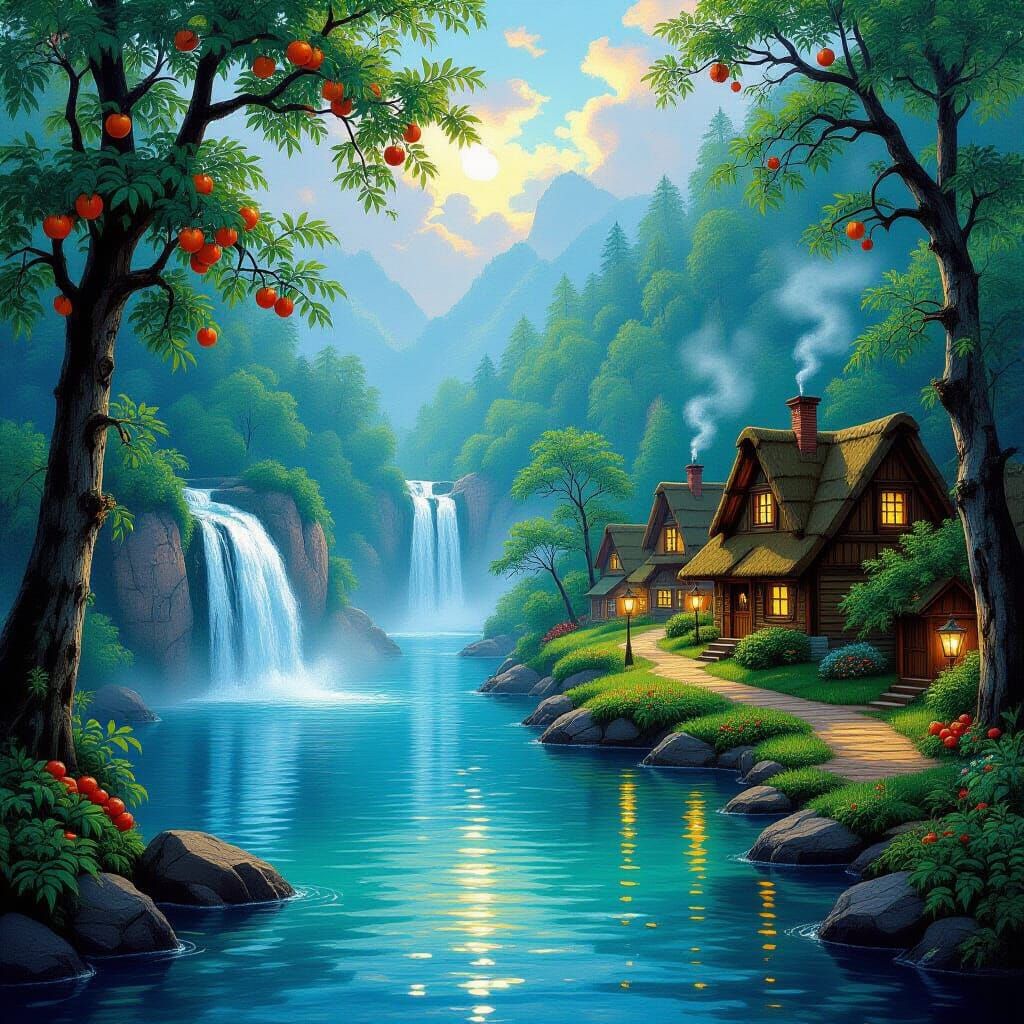 Fairytale Village Beside Majestic Waterfall