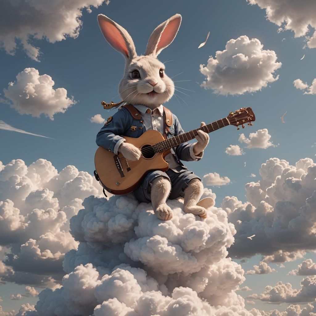 Bunny Rabbit on Cloud Plays Guitar: 3D Anime Art
