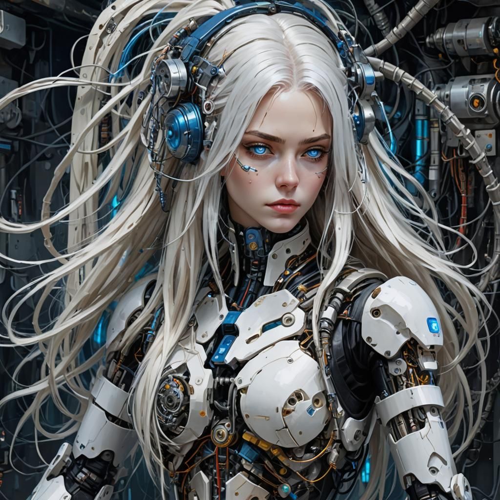 Cyborg Girl with Mechanical Parts as Impasto Painting
