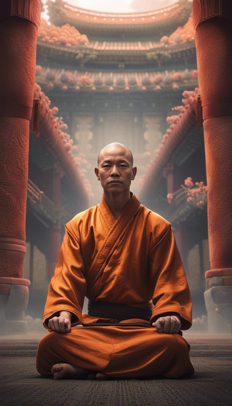 Shaolin Monk in Deep Meditation: Hyperrealistic Portrait
