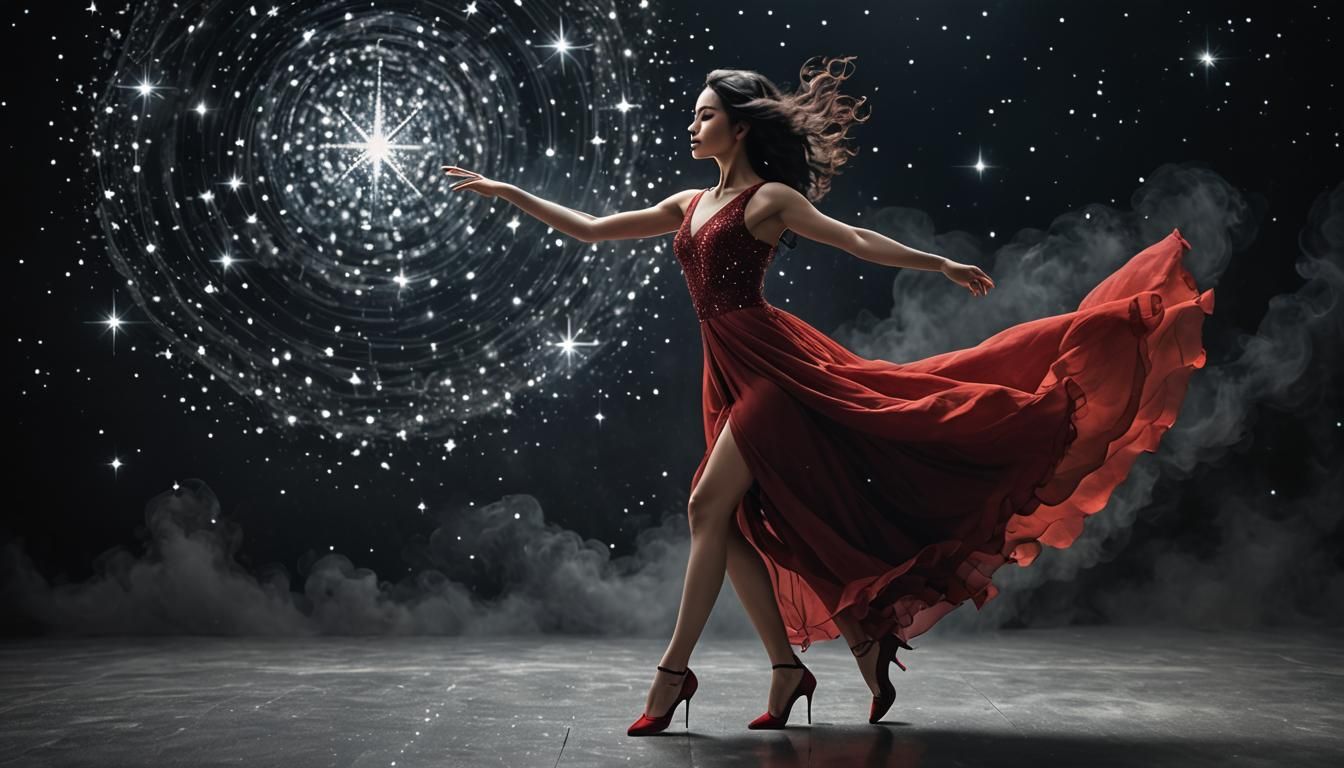 Ethereal Woman Dancing in Scarlet Galaxy