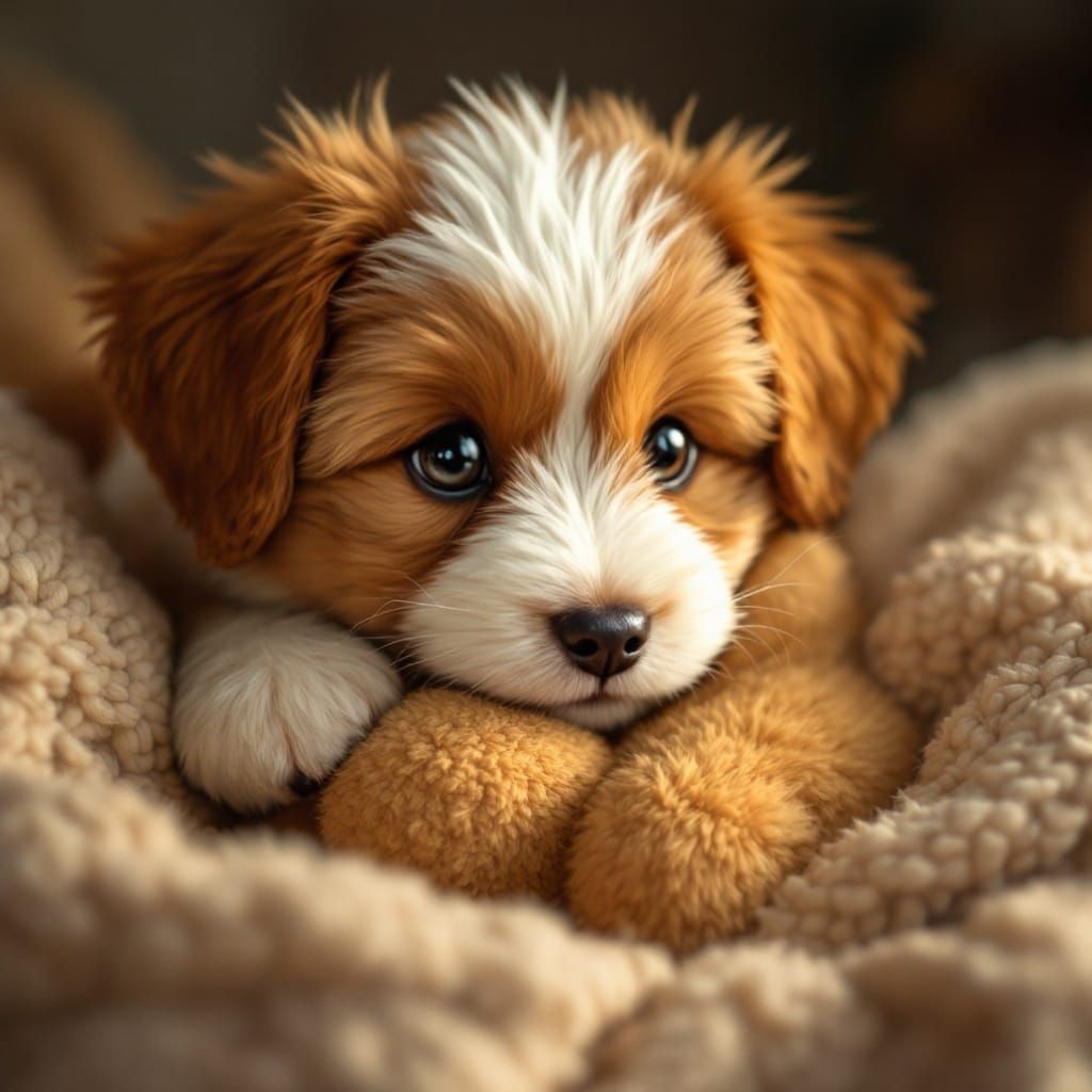 Warm Cuddles between a Puppy and a Teddy Bear in a Cozy Scen...
