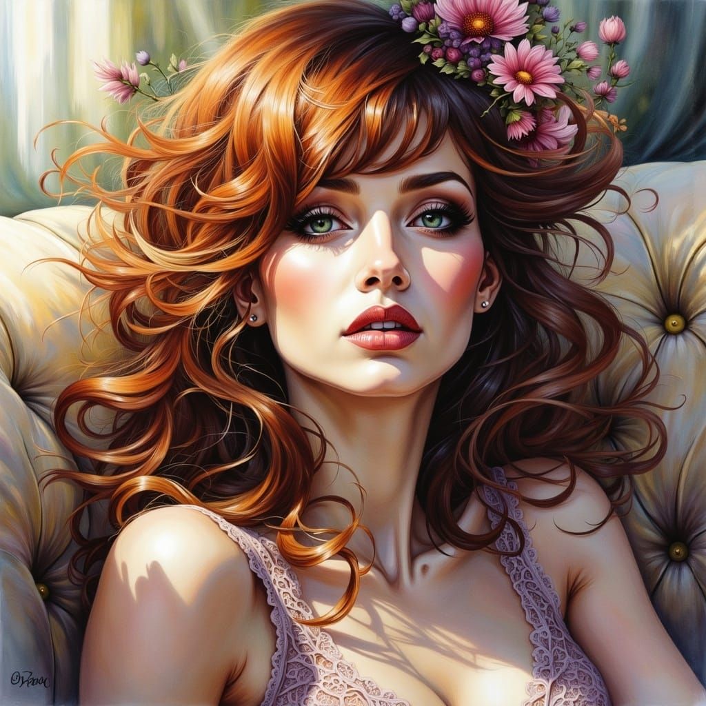 Auburn-Haired Woman Lounging: Watercolor and Ink Portrait