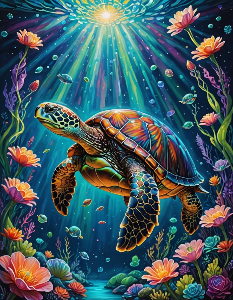 An ethereal, glowing, and translucent turtle originating from an alien planet, gracefully suspended in an underwater sce...