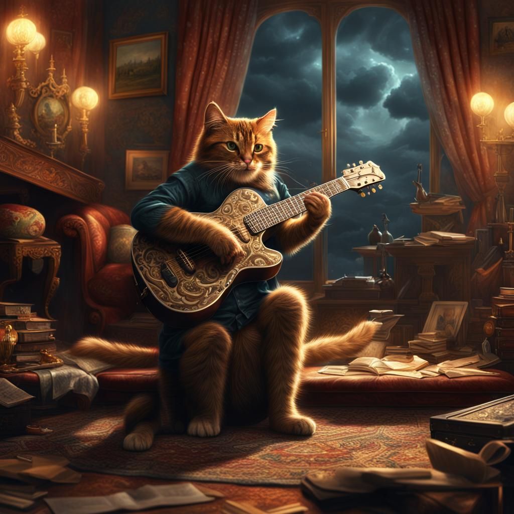 Epic Cat Guitarist: Dramatic Digital Painting