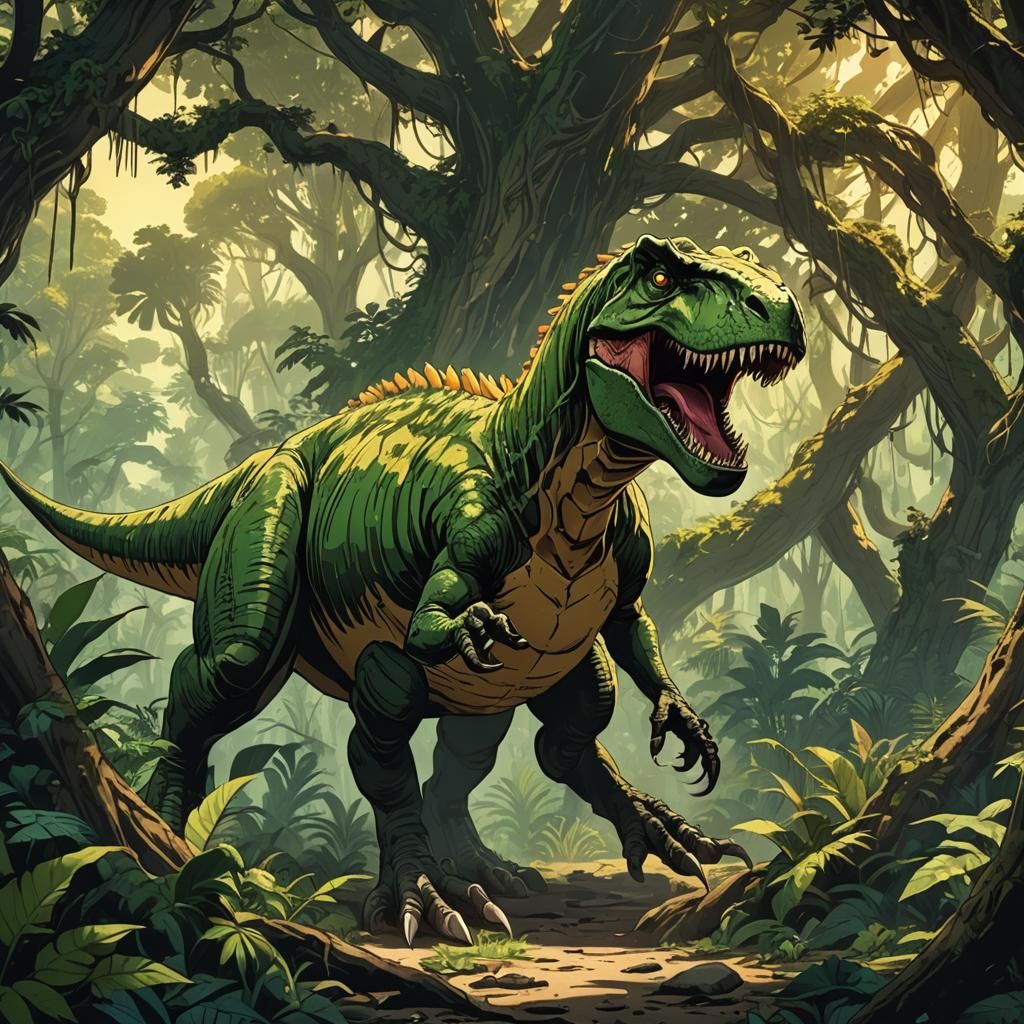 T-Rex Roaring in Jungle, Vibrant Anime Style