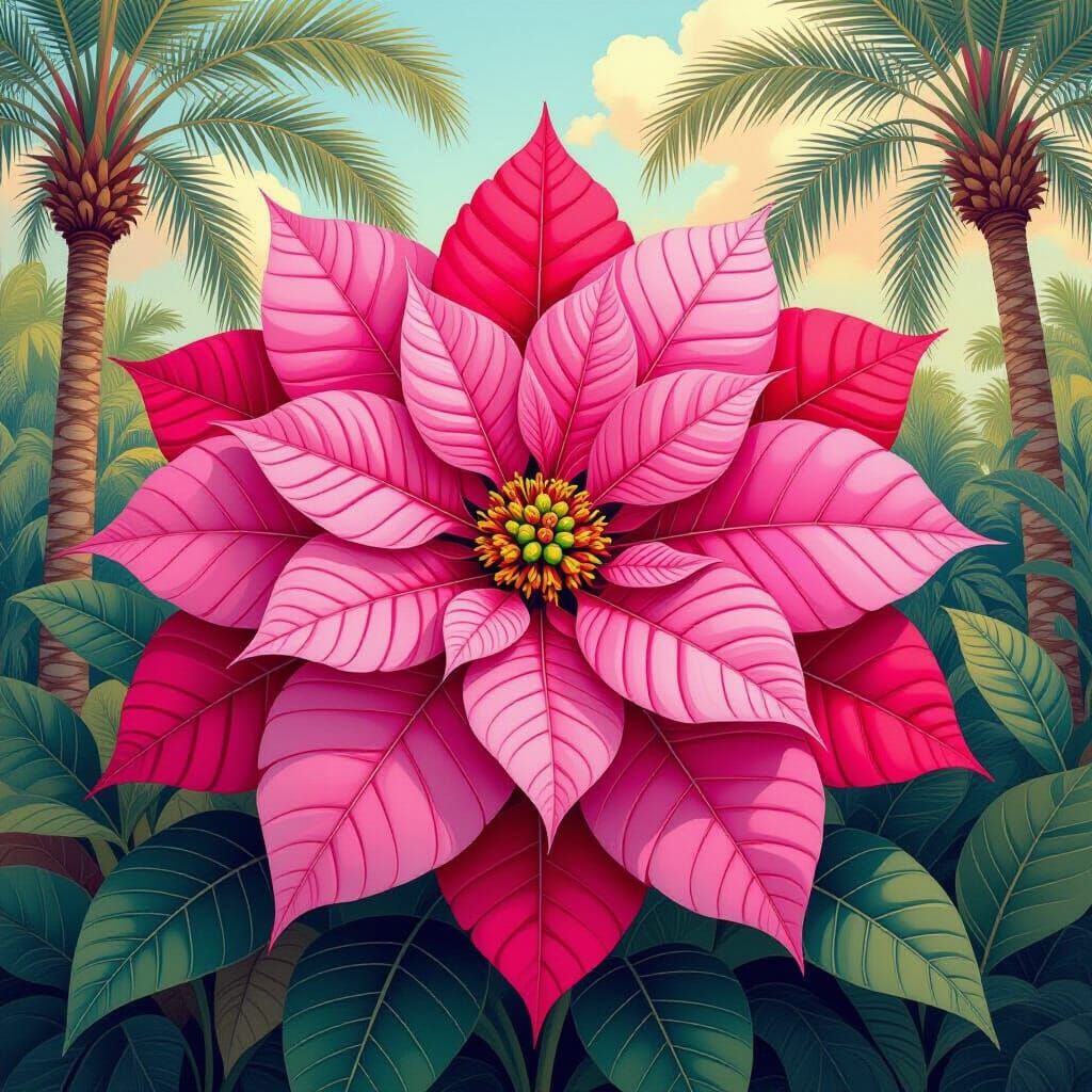 Pink Poinsettia in Moroccan Garden, Art Nouveau Style