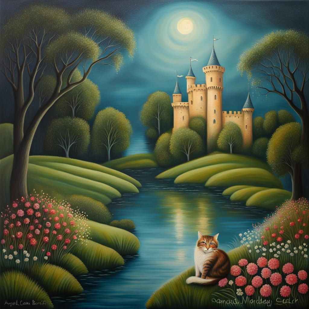 Dreamy Medieval Castle Pond at Midnight: Oil Painting