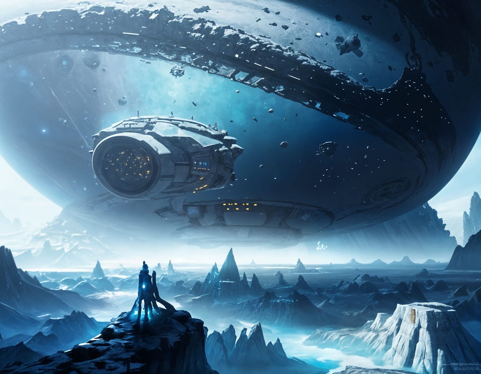 Futuristic Icy City on Pluto in Cosmic Blue