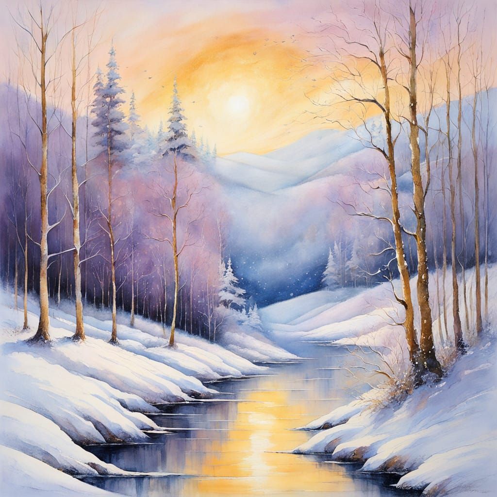 Golden sunrise in a winter landscape