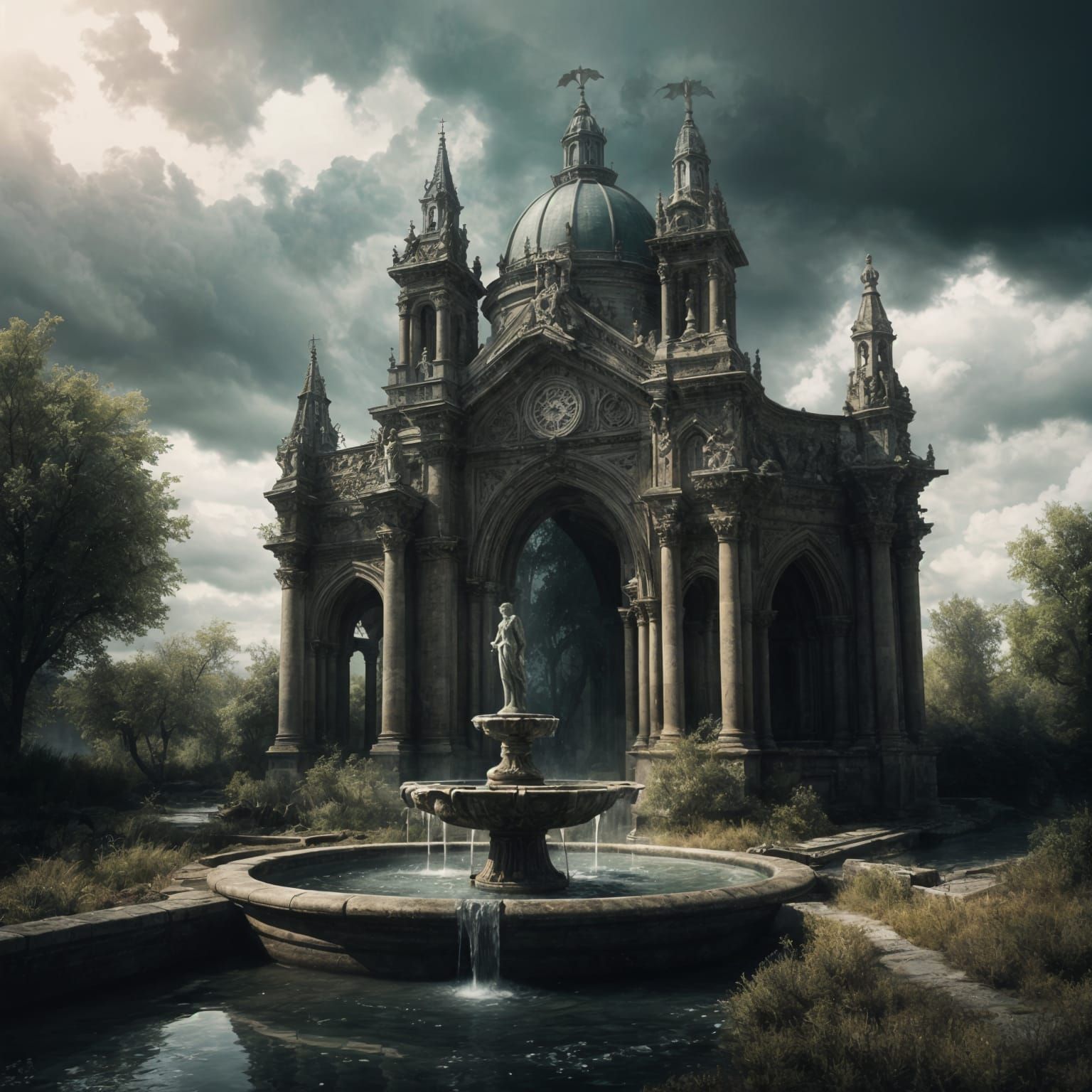 Desolate Gothic Landscape with Ash Fountain