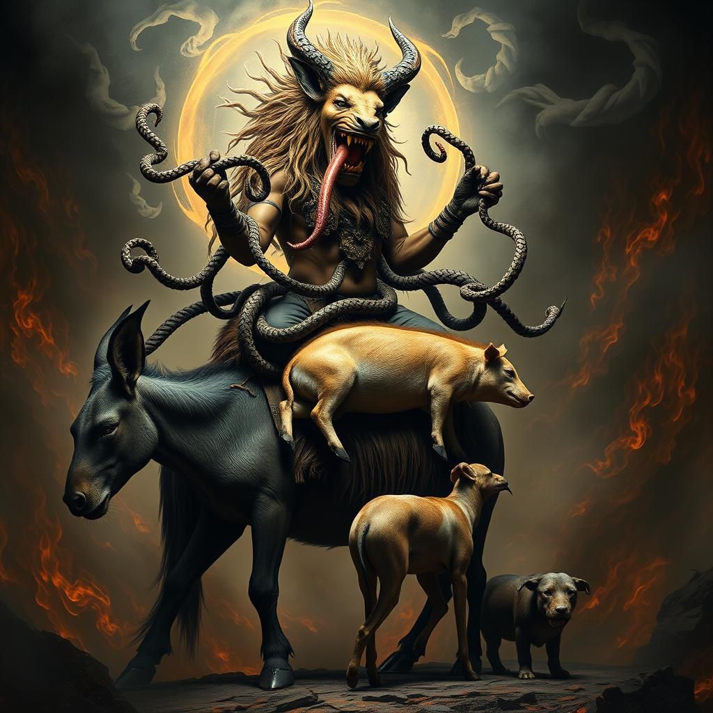 Terrifying Lamashtu on Donkey in Dark Surrealism