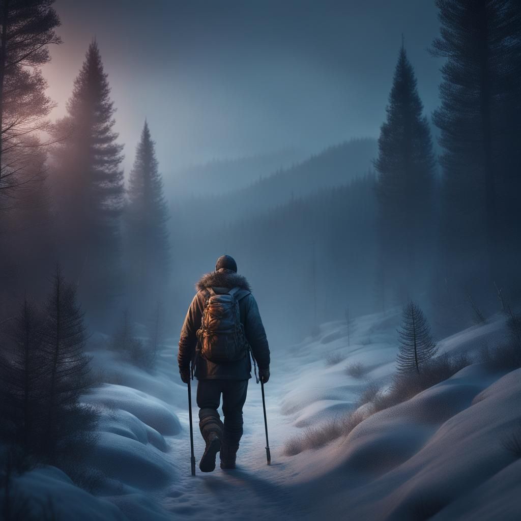Man Hiking Through Misty Taiga at Night