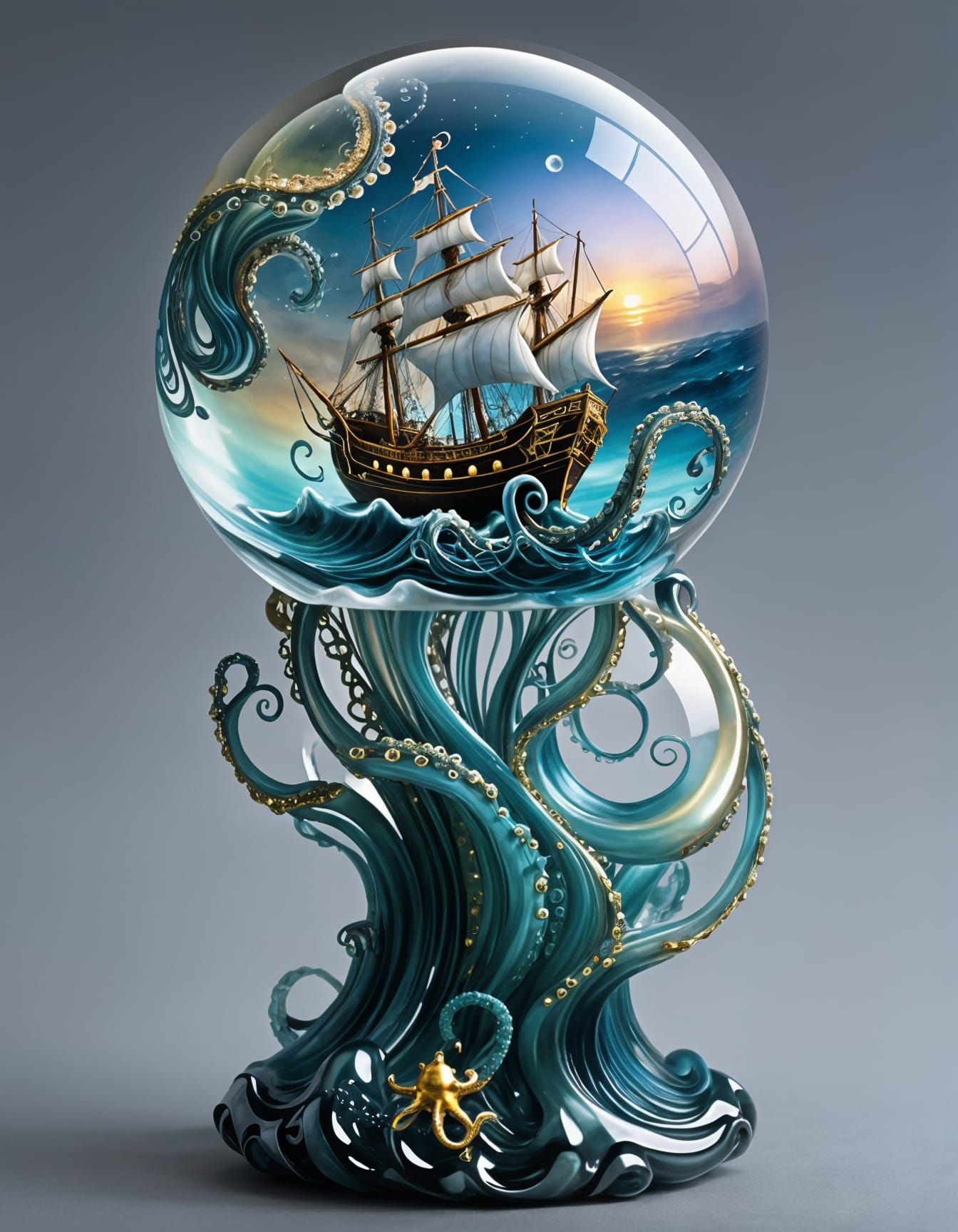 Glass Orb Above Ship in Stormy Seas