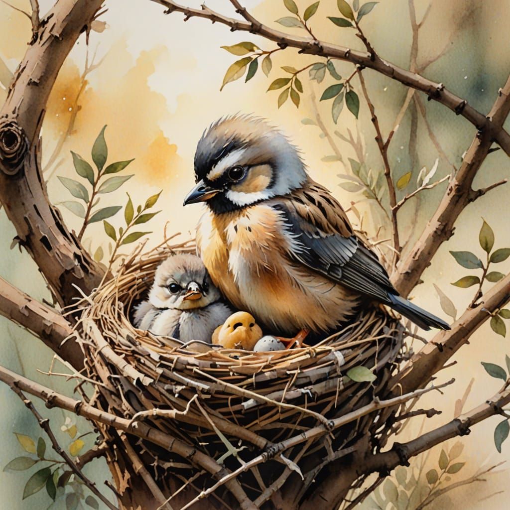 Whimsical Watercolor Scene of Mother Bird Feeding Her Chicks