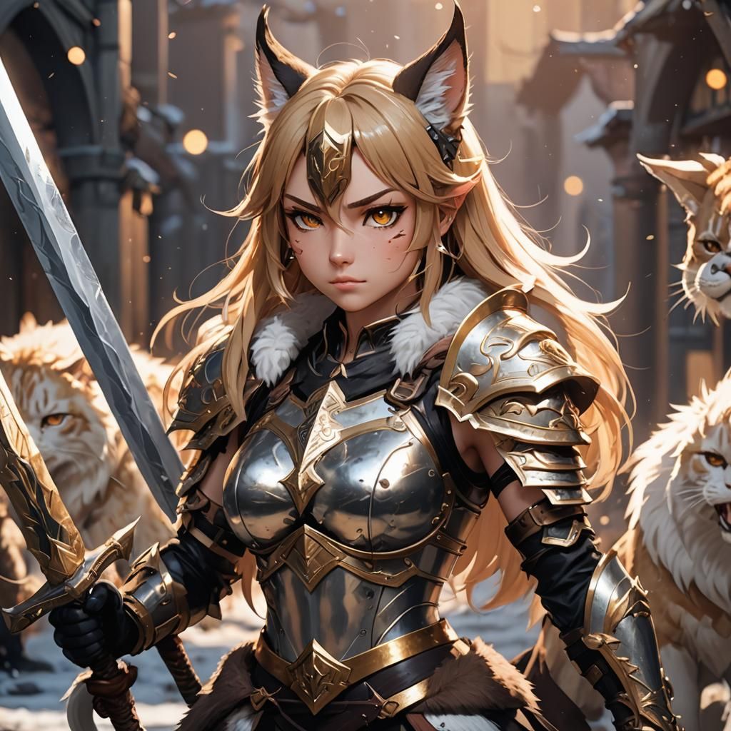 Fierce Catgirl Warrior in Barbarian Armor