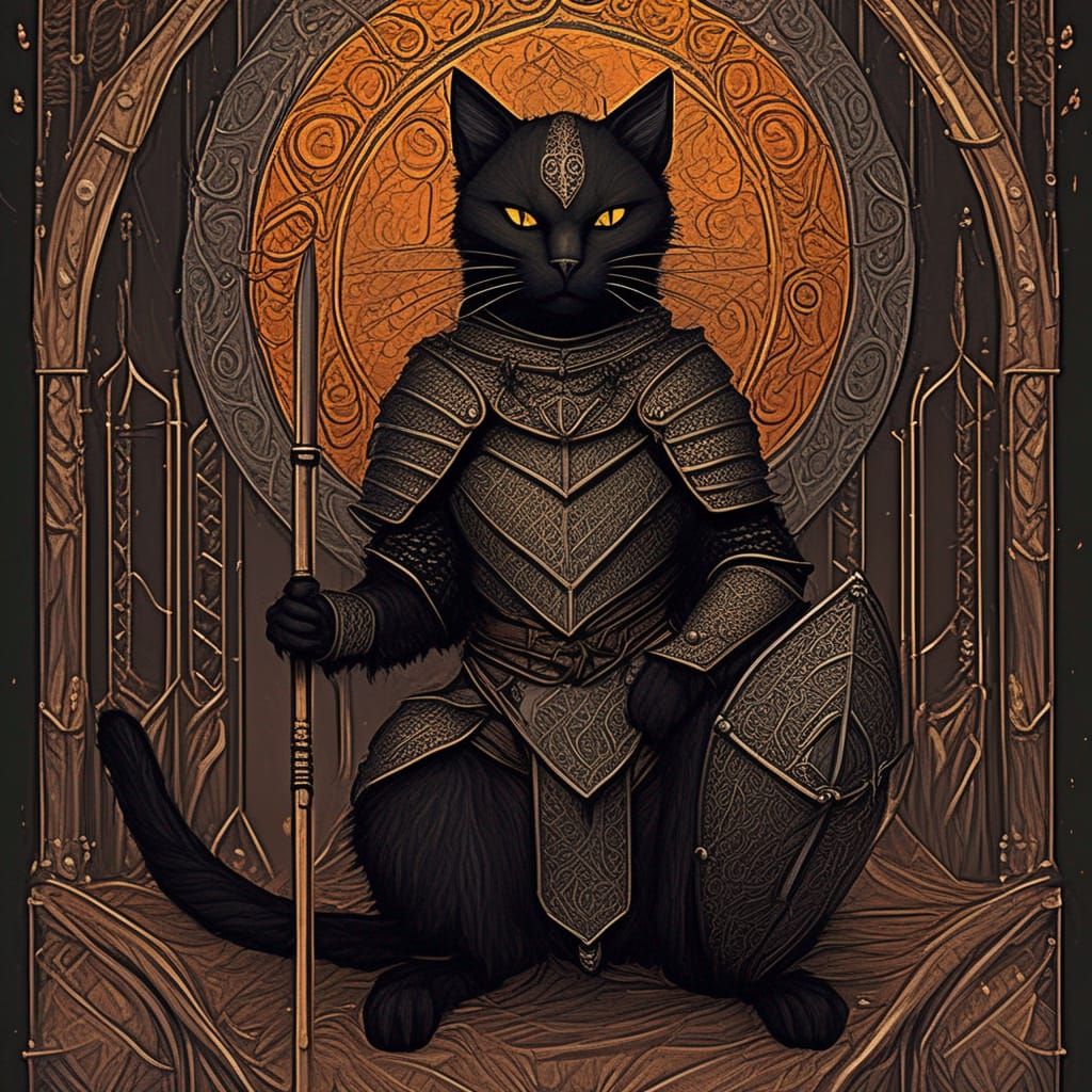Armored Black Cat Guardian with Spear and Shield