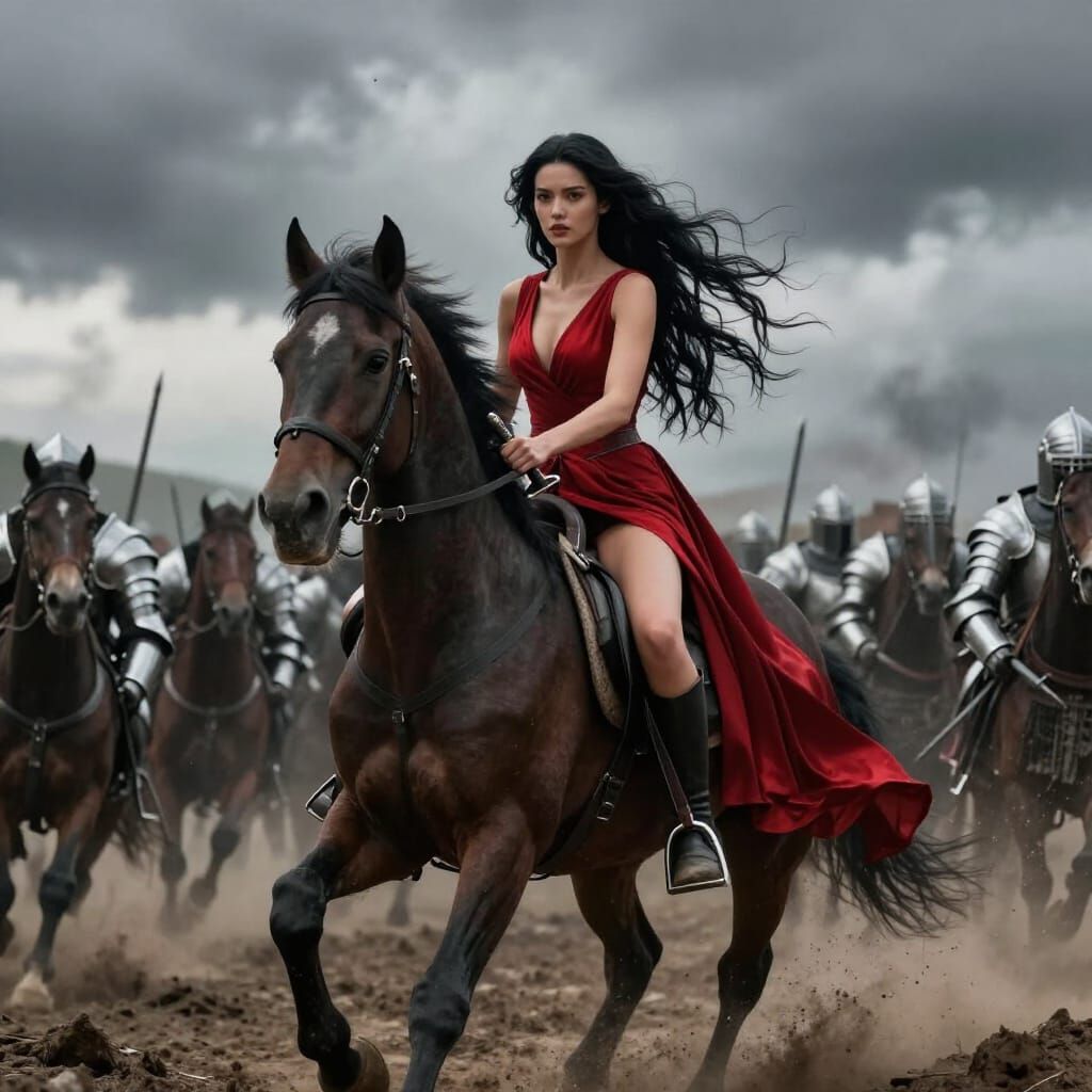 Cinematic Film Still Of Woman Leading Cavalry Charge