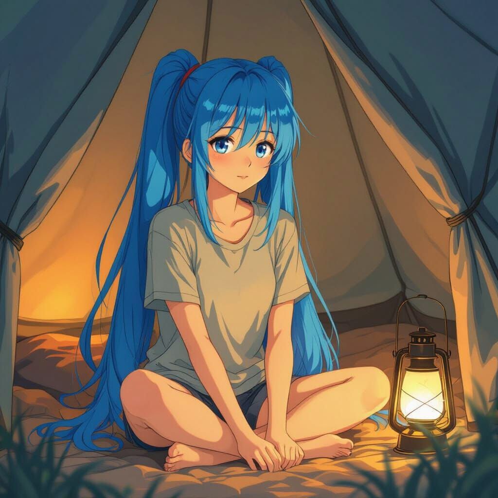 Anime Girl in Tent with Blue Hair