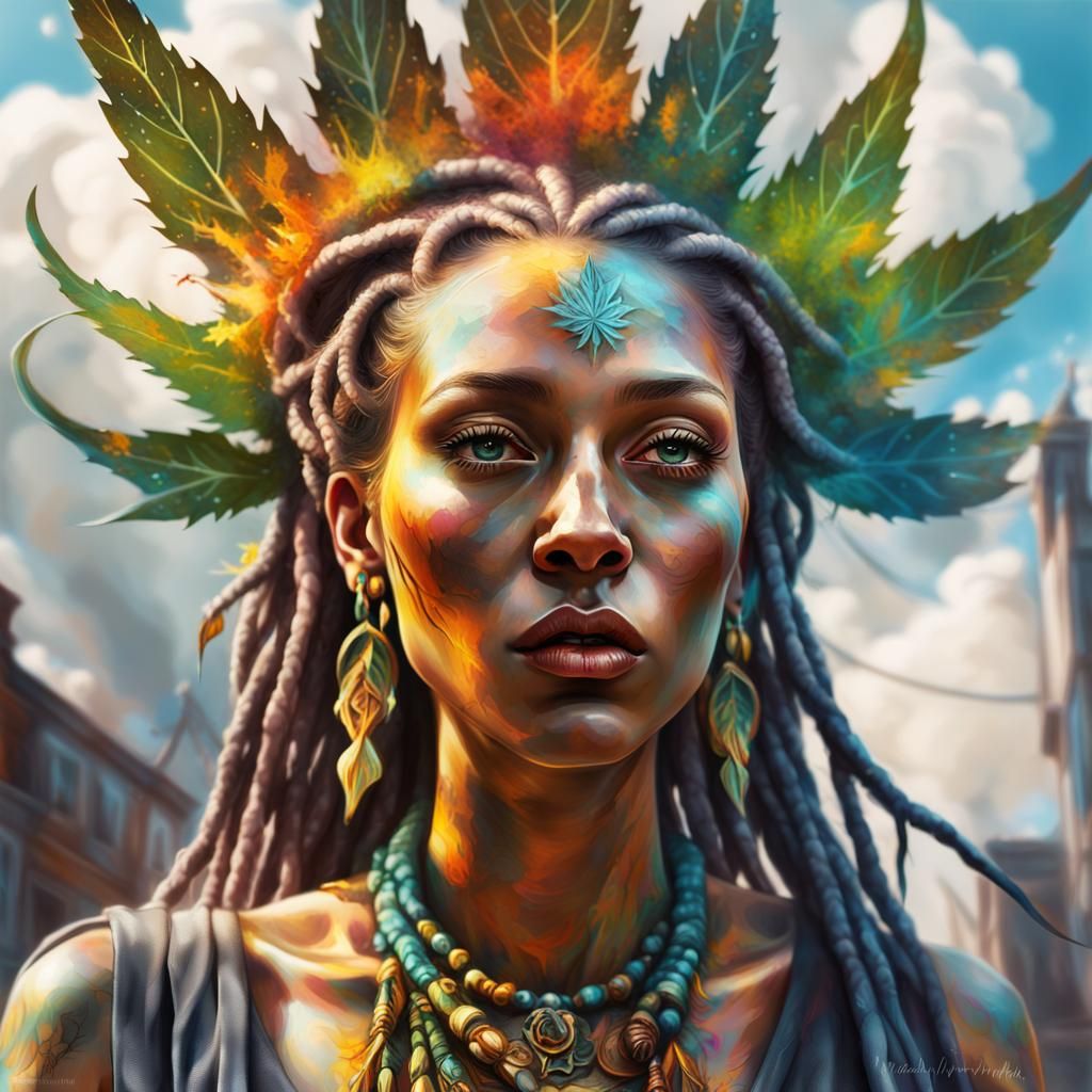 Fairy Priestess in Cannabis Dress: Digital Graffiti Art