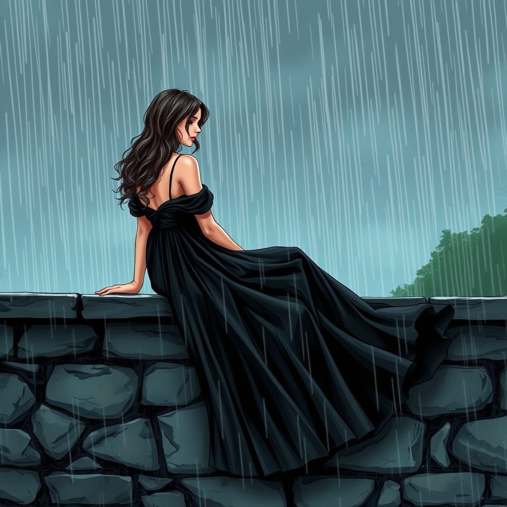 Woman in Black Dress in Rainstorm on Stone Wall