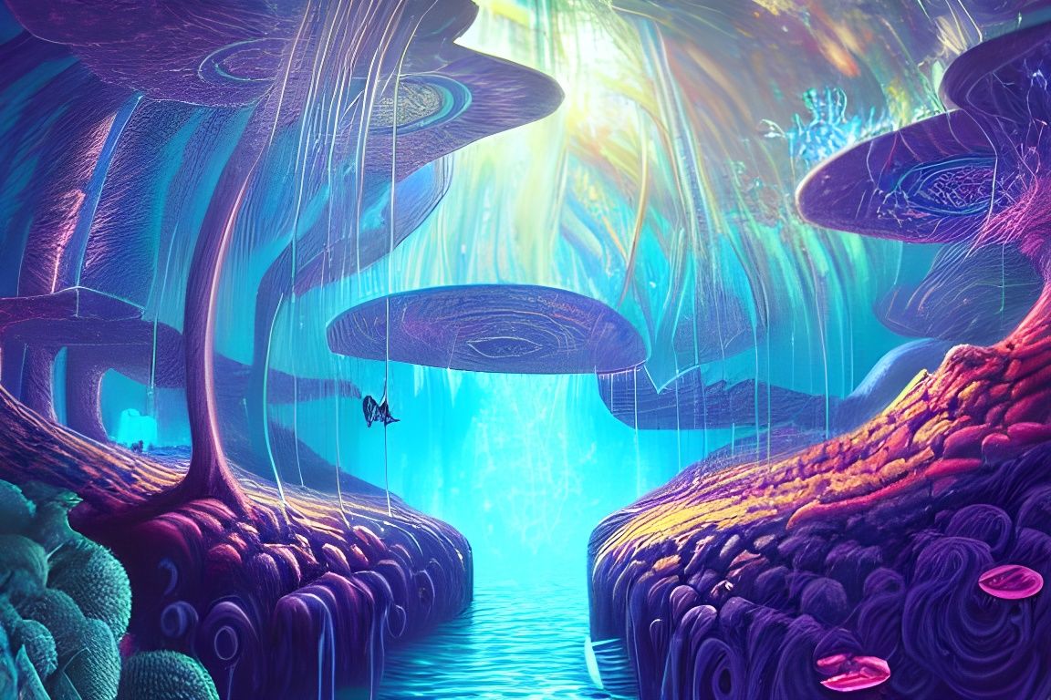 Psychedelic Space Aquarium Waterfall in Retro Style