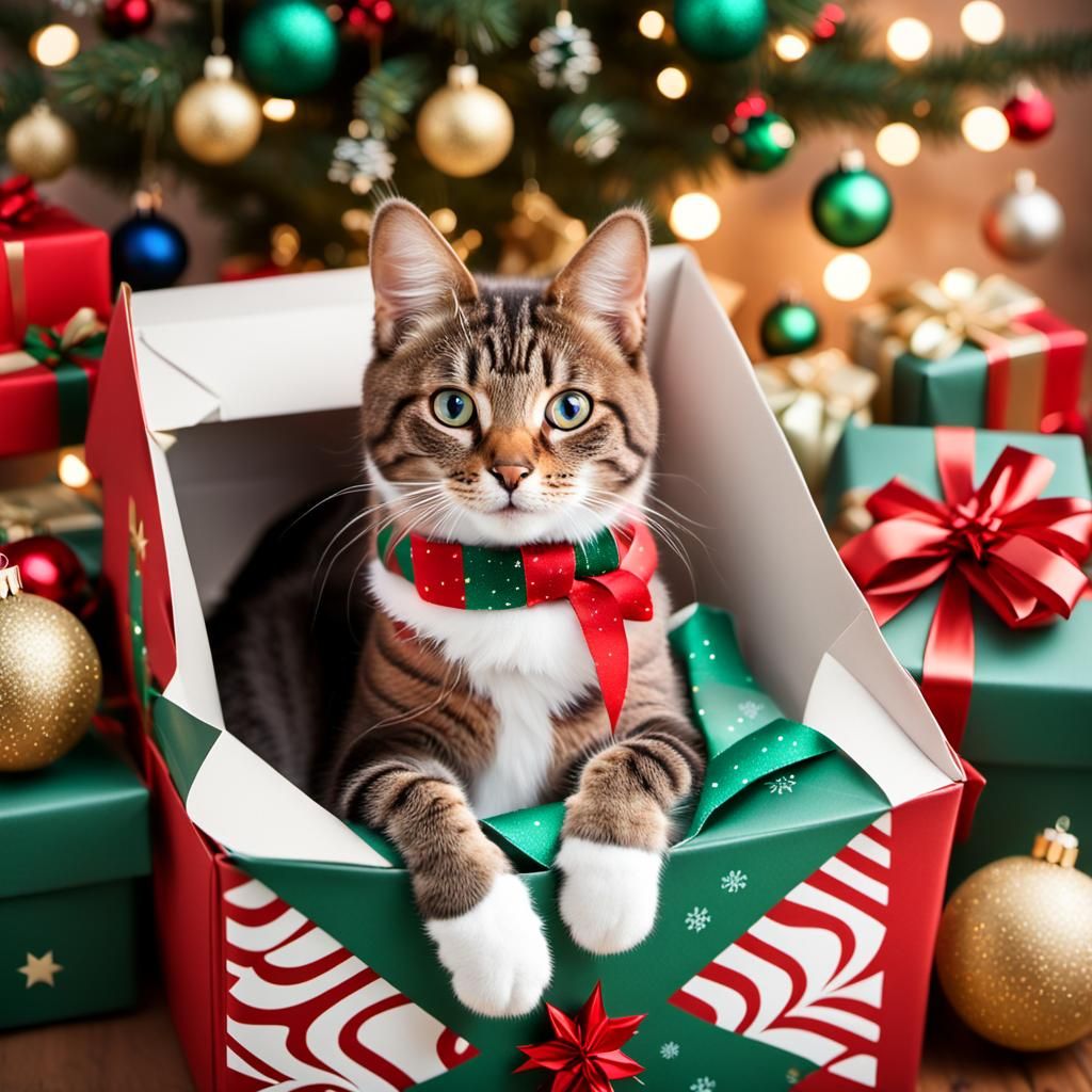 Cozy Cat in Festive Holiday Gift Box