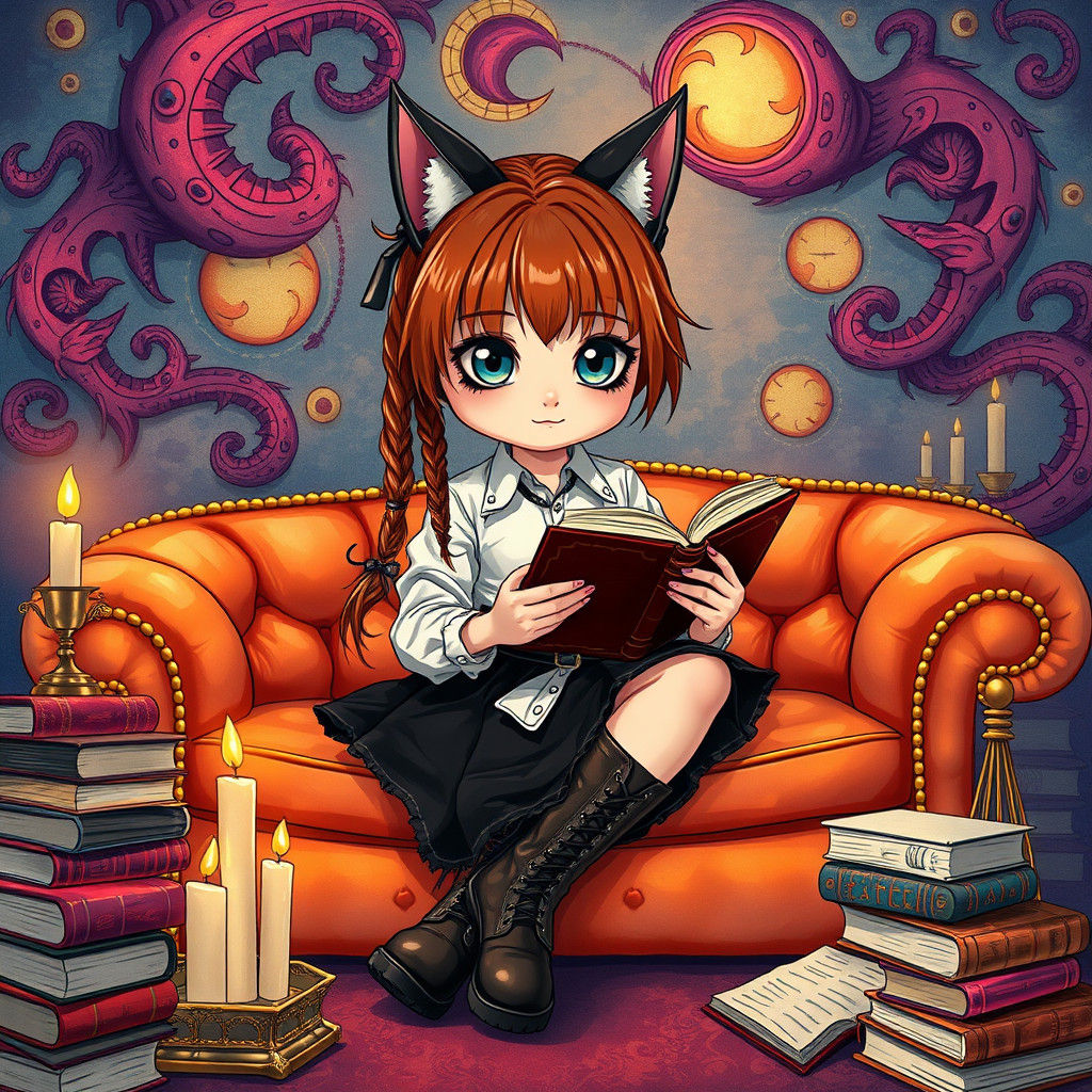 Girl with Cat Ears Reading a Book