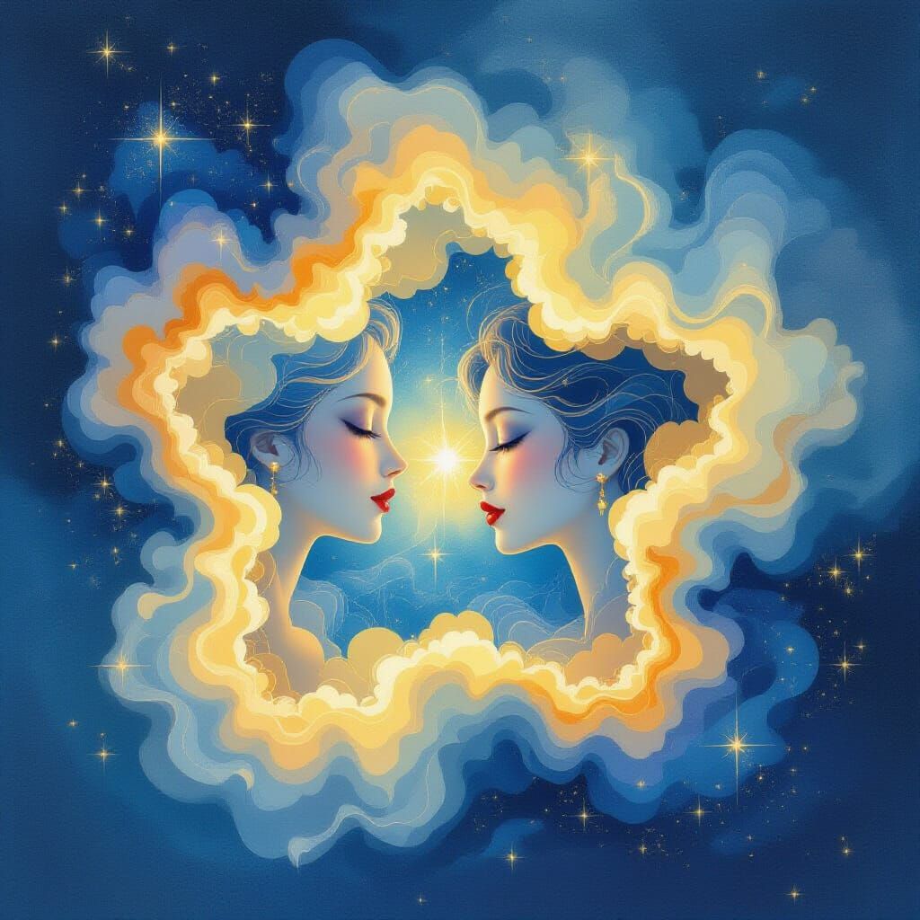 Nebula Star with Ethereal Women Faces in Gouache Style