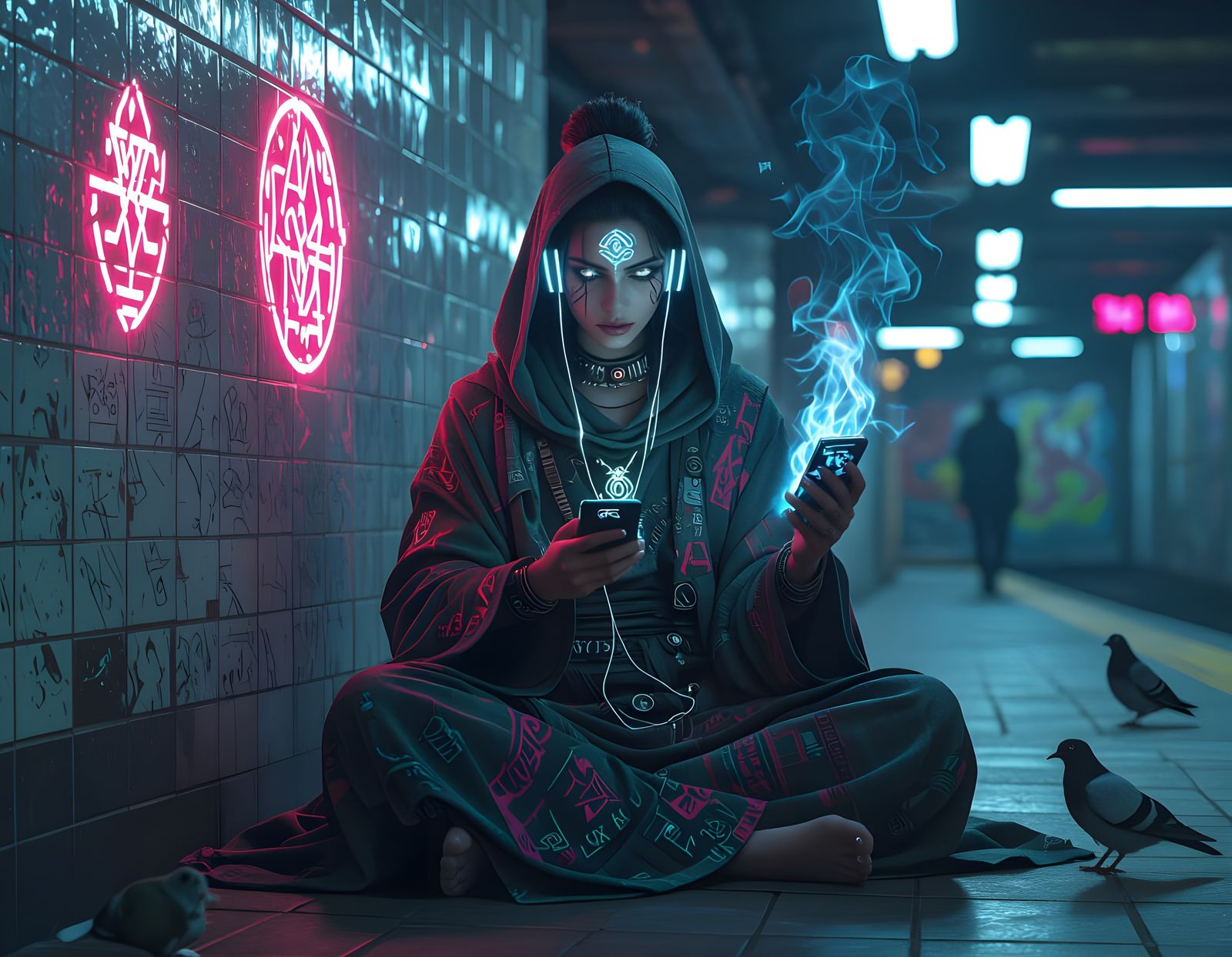 Mythpunk Oracle in Subway Station, Cyber-Mystical Art
