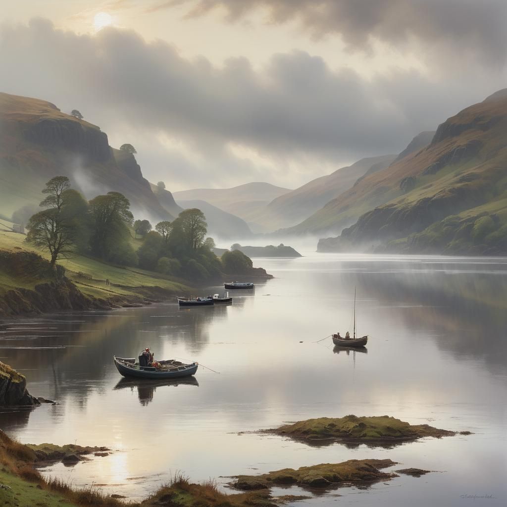 Misty Loch Landscape Painting in Scottish Romantic Style