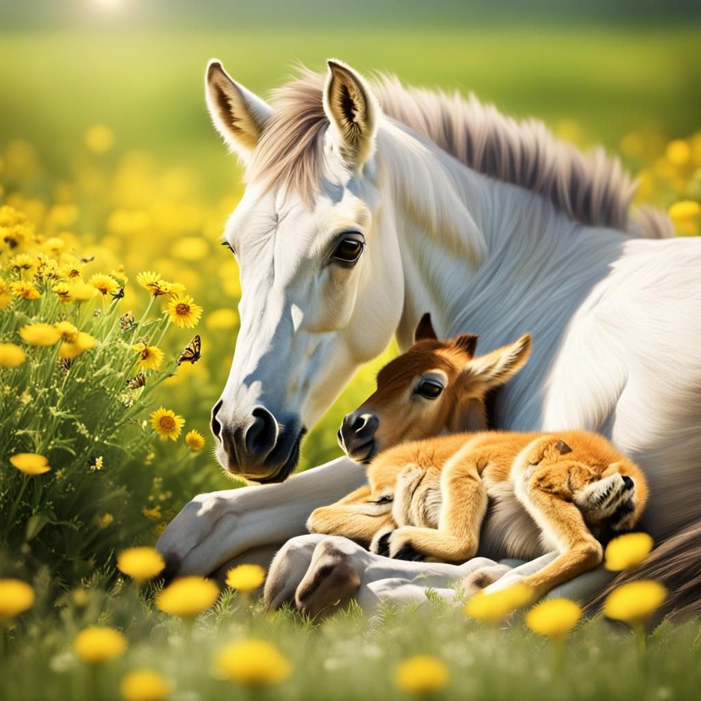 Cute Foal and Mother in Sunny Meadow