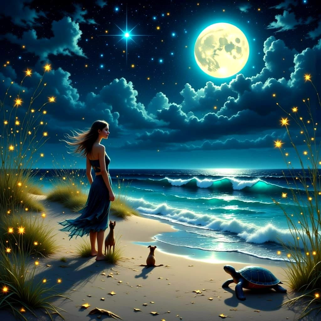 Cosmic Beach Panorama with Fireflies