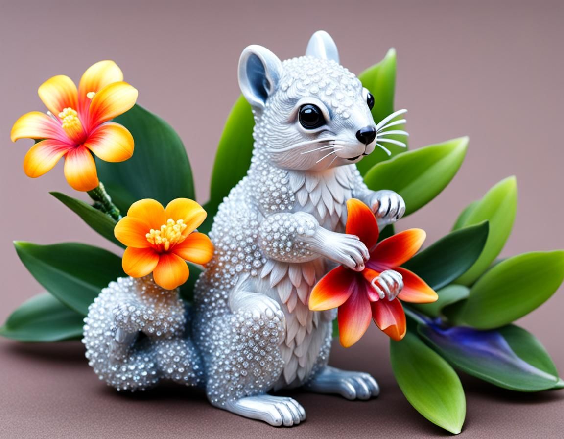 Crystal Squirrel with Exotic Flower Digital Art