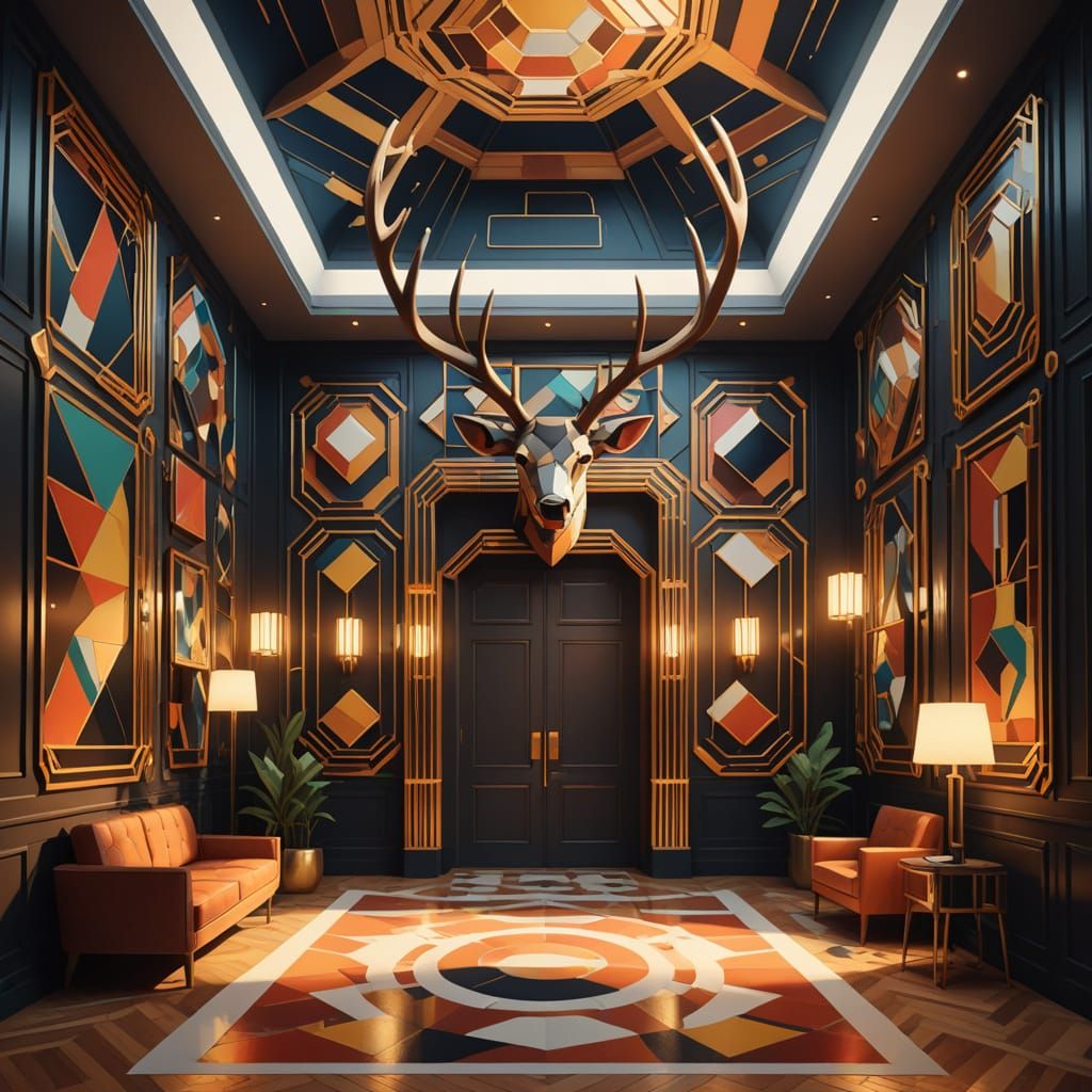 Neo-Cubist Hall with Lunar Antlers in Art Deco Style