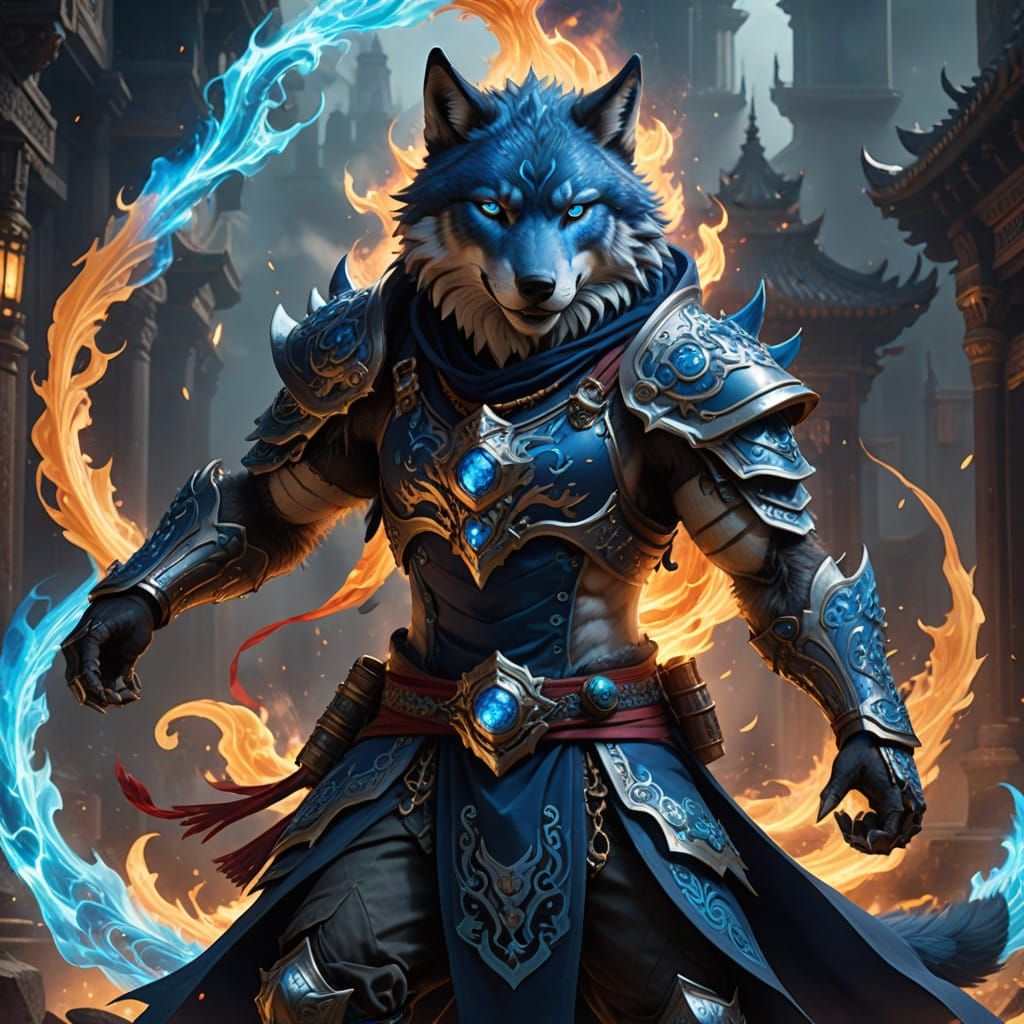 Mystical Wolf Genie in Hyper-Realistic Anime Style