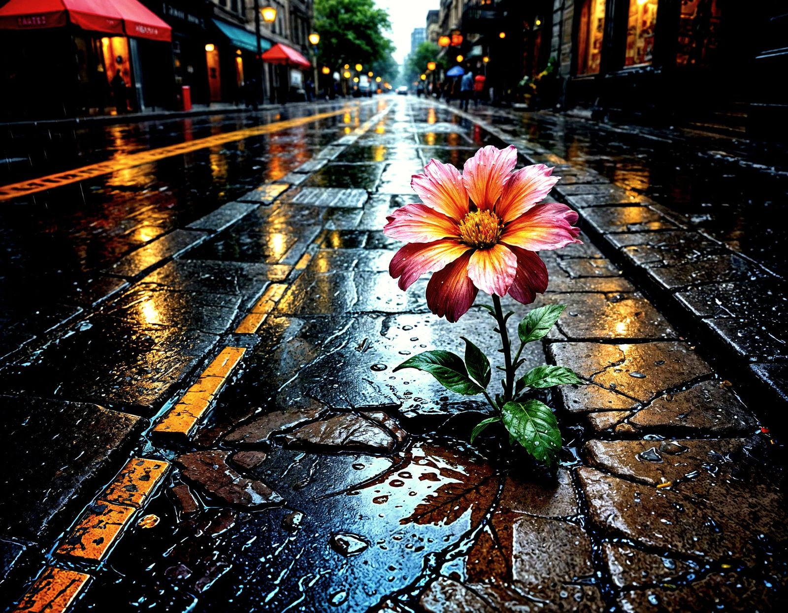 City Street Flower Blooms in Rainy Afternoon Hyperrealistic ...