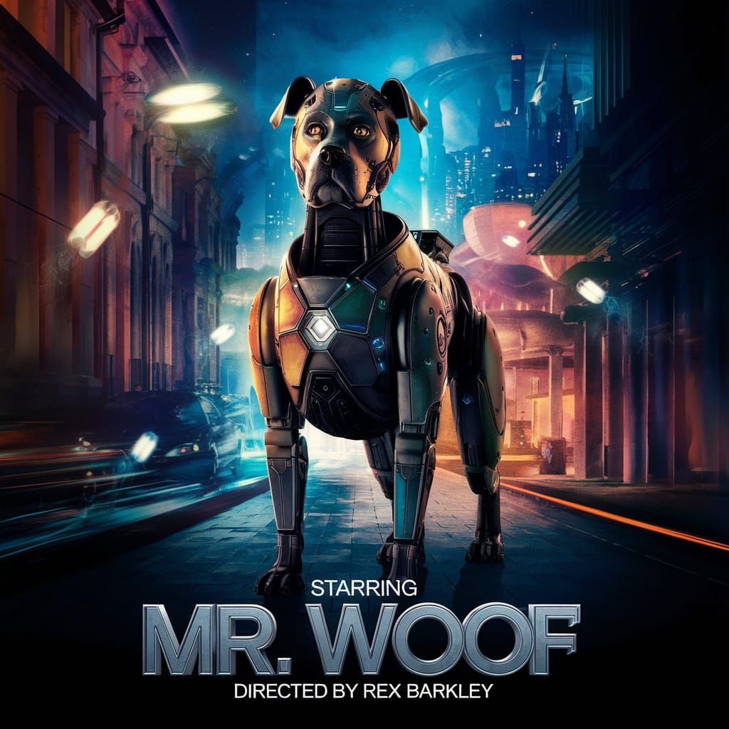 Robotic Dog Detective Movie Poster: Futuristic Matte Paintin...