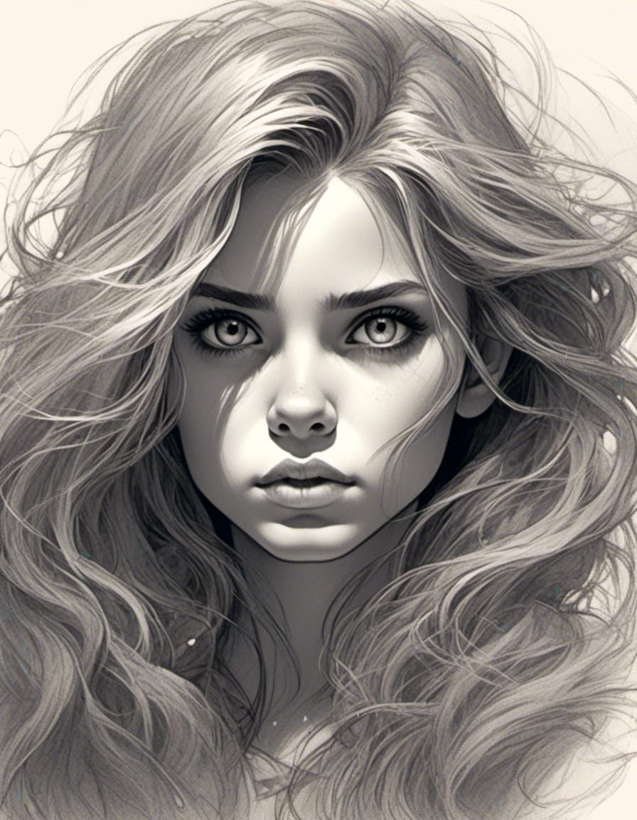 Detailed Sketch of a Girl with Long Hair