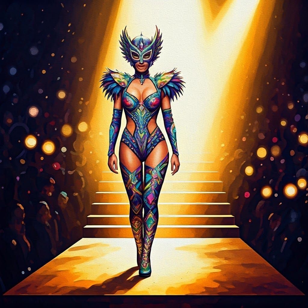 Elegant Luchadora Struts on Parisian Catwalk in Vibrant Wate...