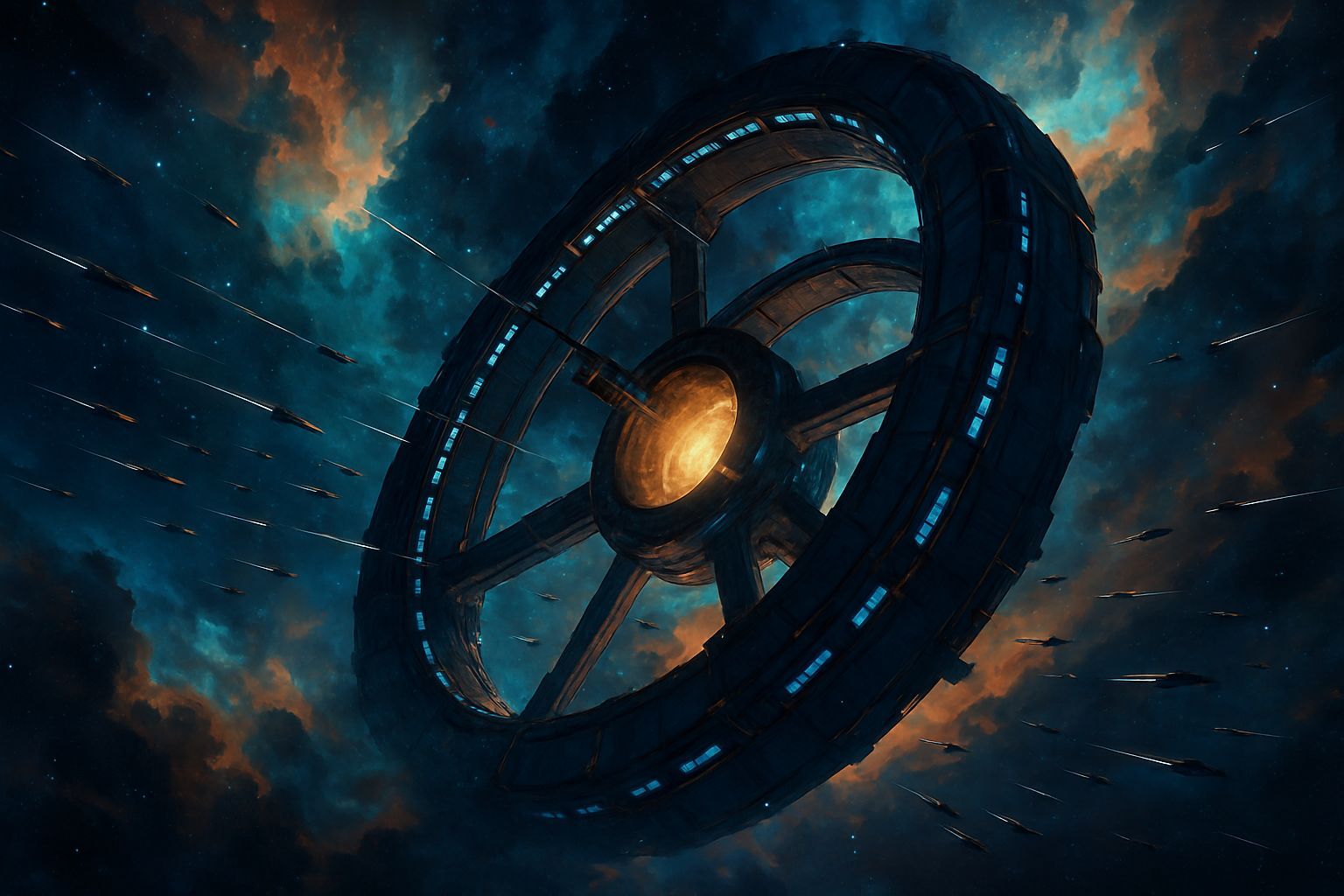 Ethereal Cosmic Nebula with Ring Space Station