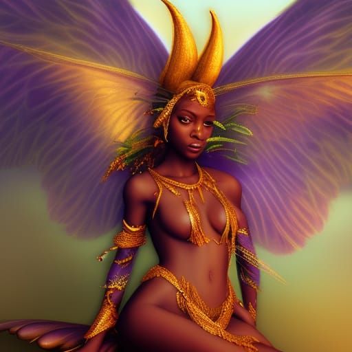 African Fairy with Golden Wings, Detailed Matte Painting