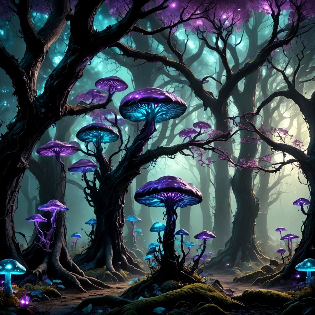Bioluminescent Mushrooms in Shadow Garden, Digital Painting