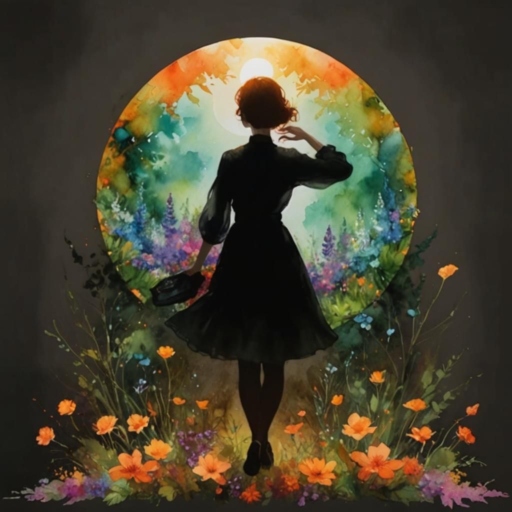 Watercolor Woman in Lush Floral Landscape